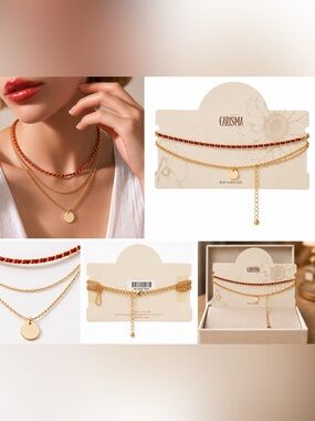 Carisma Gold and Red Braided Layered Necklace Set